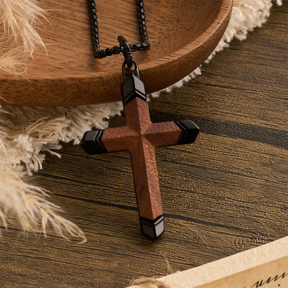 Two-Tone Stainless Steel Inlaid Solid Wood Cross Pendant Box Chain Necklace