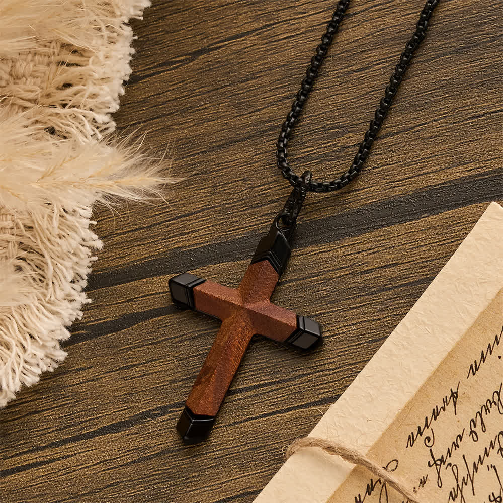 Two-Tone Stainless Steel Inlaid Solid Wood Cross Pendant Box Chain Necklace