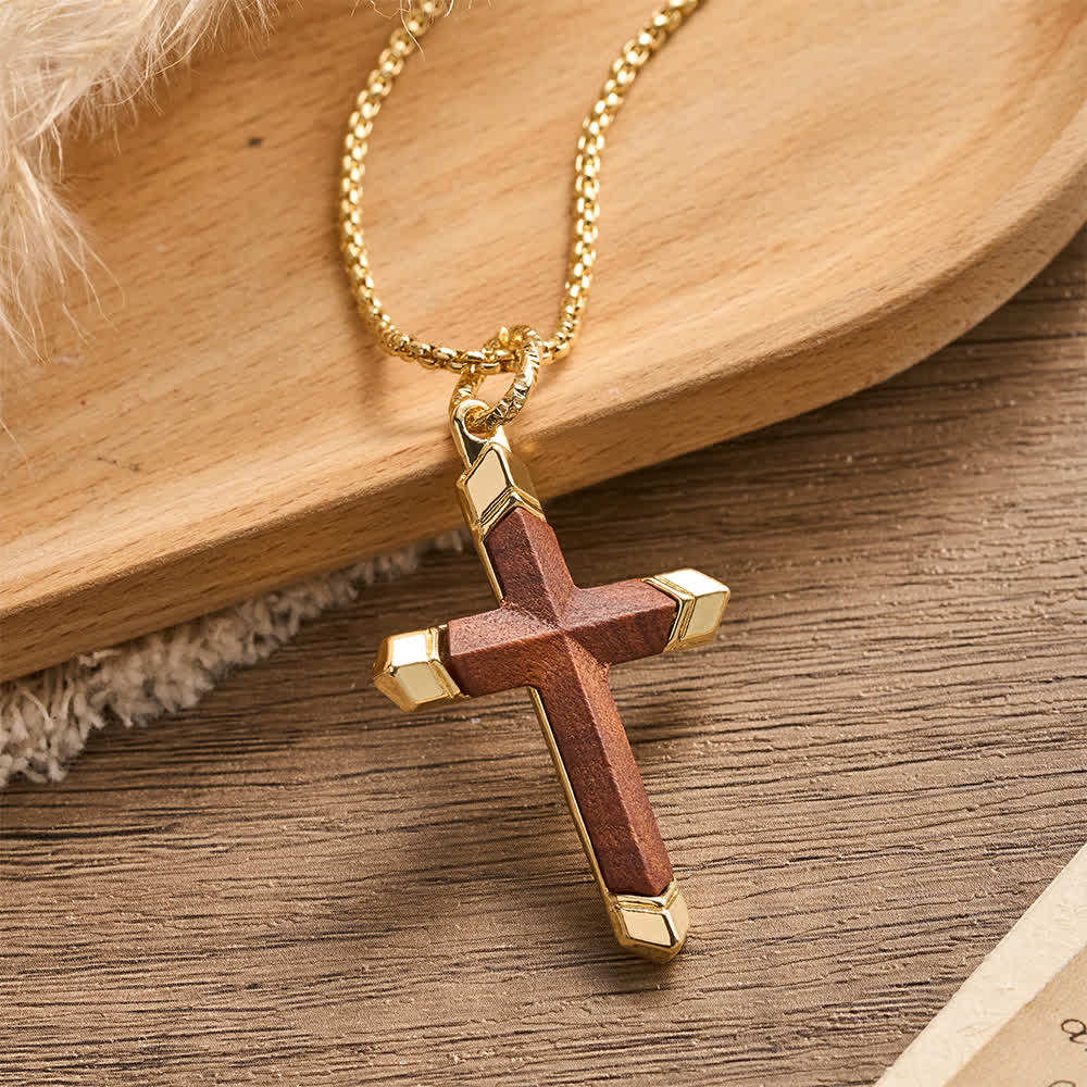 Two-Tone Stainless Steel Inlaid Solid Wood Cross Pendant Box Chain Necklace