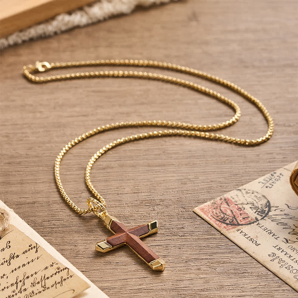 Two-Tone Stainless Steel Inlaid Solid Wood Cross Pendant Box Chain Necklace