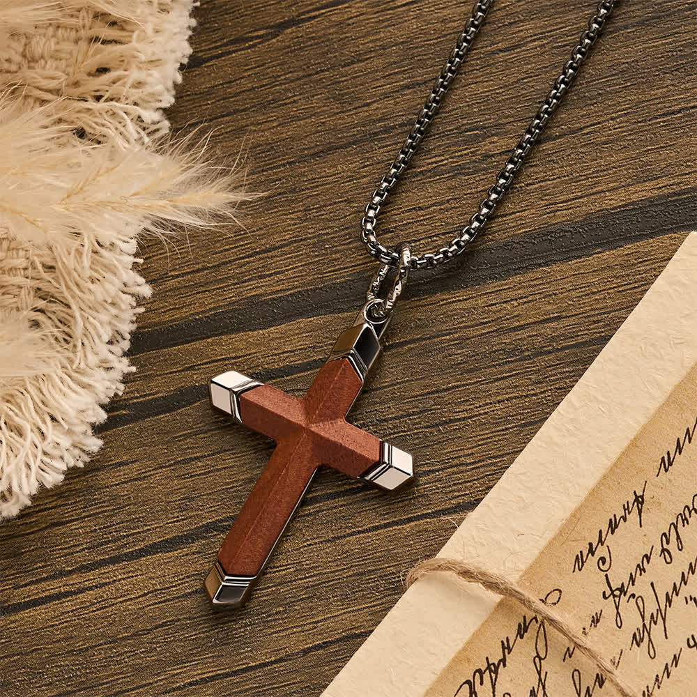 Two-Tone Stainless Steel Inlaid Solid Wood Cross Pendant Box Chain Necklace