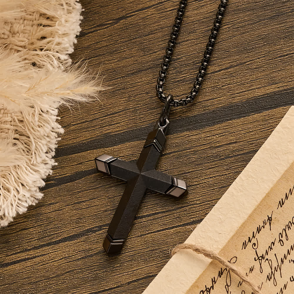 Two-Tone Stainless Steel Inlaid Solid Wood Cross Pendant Box Chain Necklace