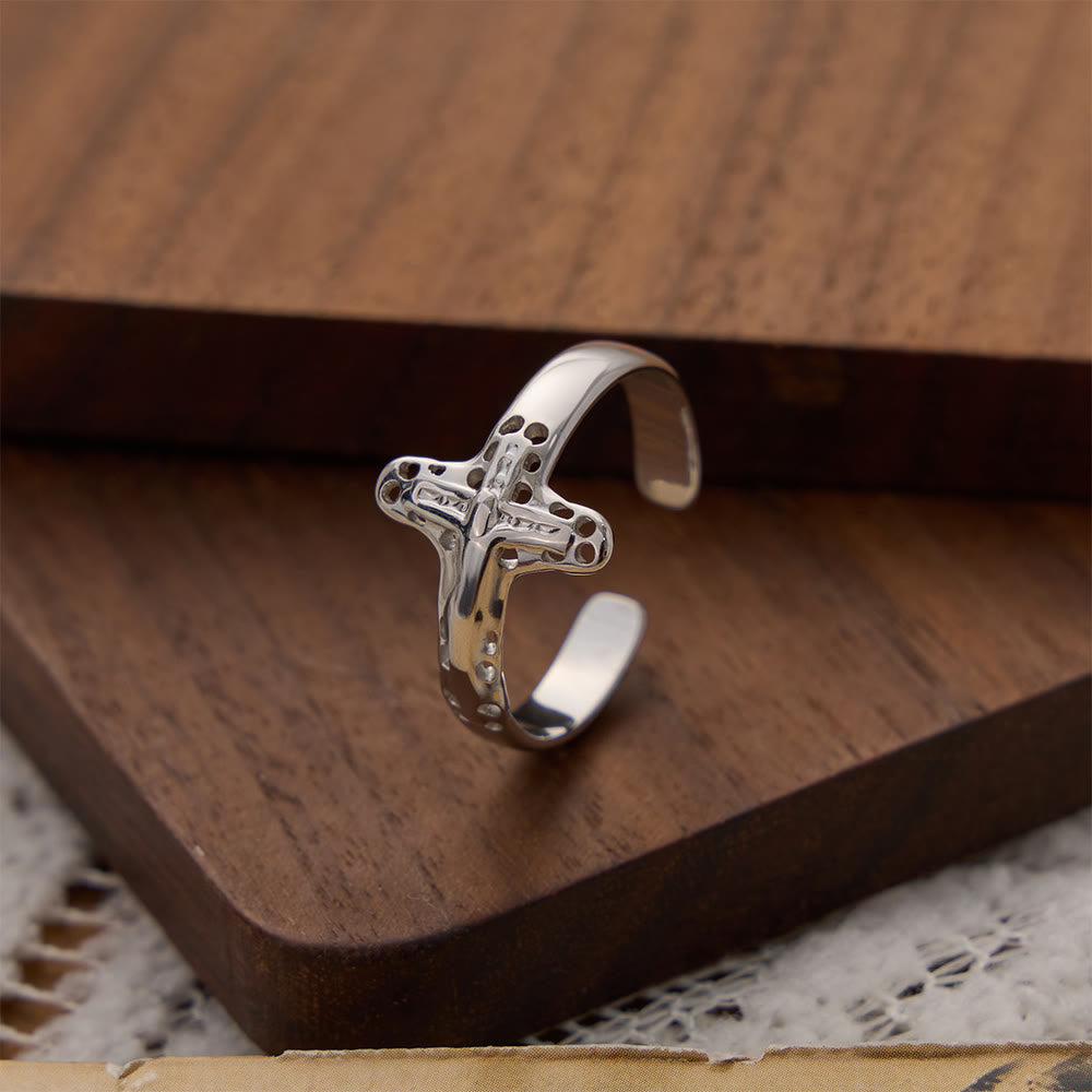 Hollow Outline Crucifix Adjustable Open Ring: Personalized Emblem of Steadfast Heavenly Faith