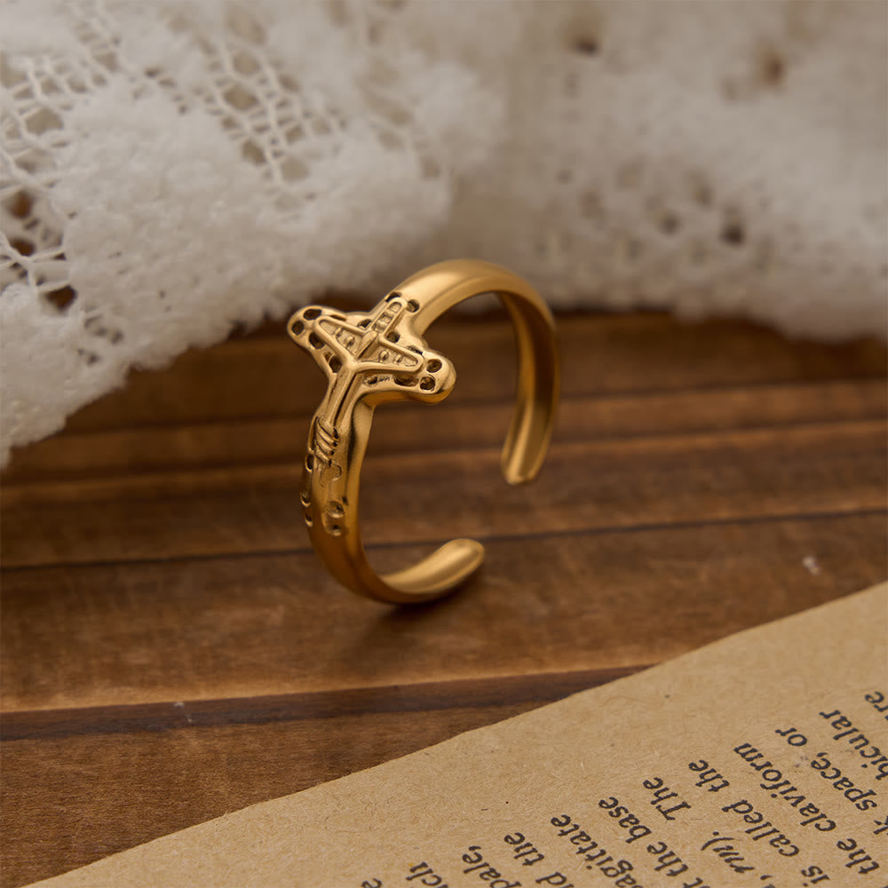 Hollow Outline Crucifix Adjustable Open Ring: Personalized Emblem of Steadfast Heavenly Faith