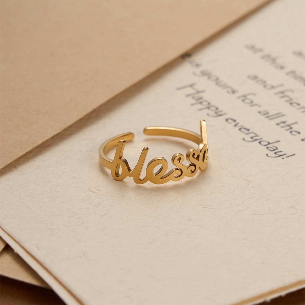 Cursive Blessed Word Open Adjustable Ring: Personalized Emblem of Steadfast Heavenly Faith