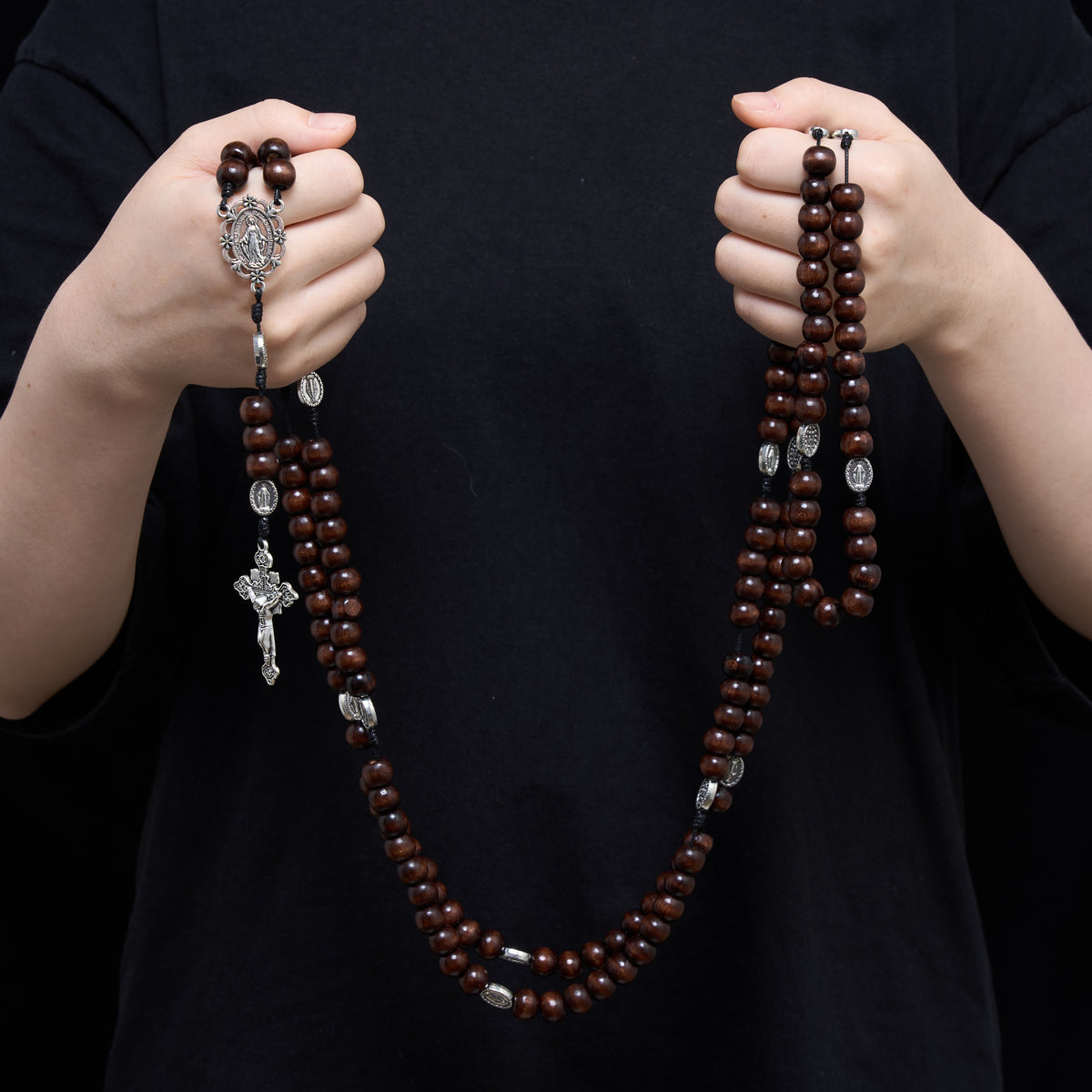 5/15/20 Decade Polished Natural Wood Bead Floral Frame Our Lady & Carved Crucifix Rosary