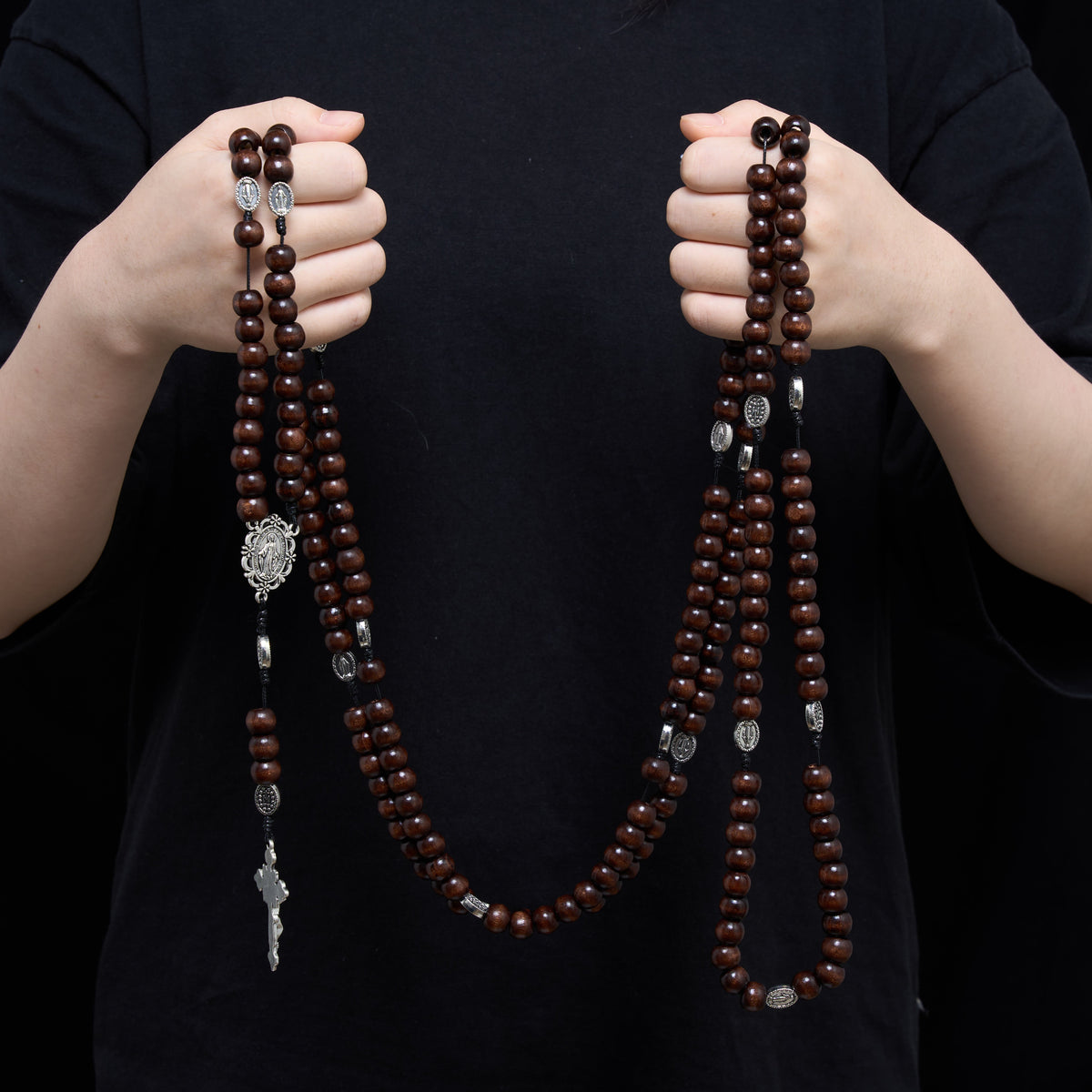 5/15/20 Decade Polished Natural Wood Bead Floral Frame Our Lady & Carved Crucifix Rosary