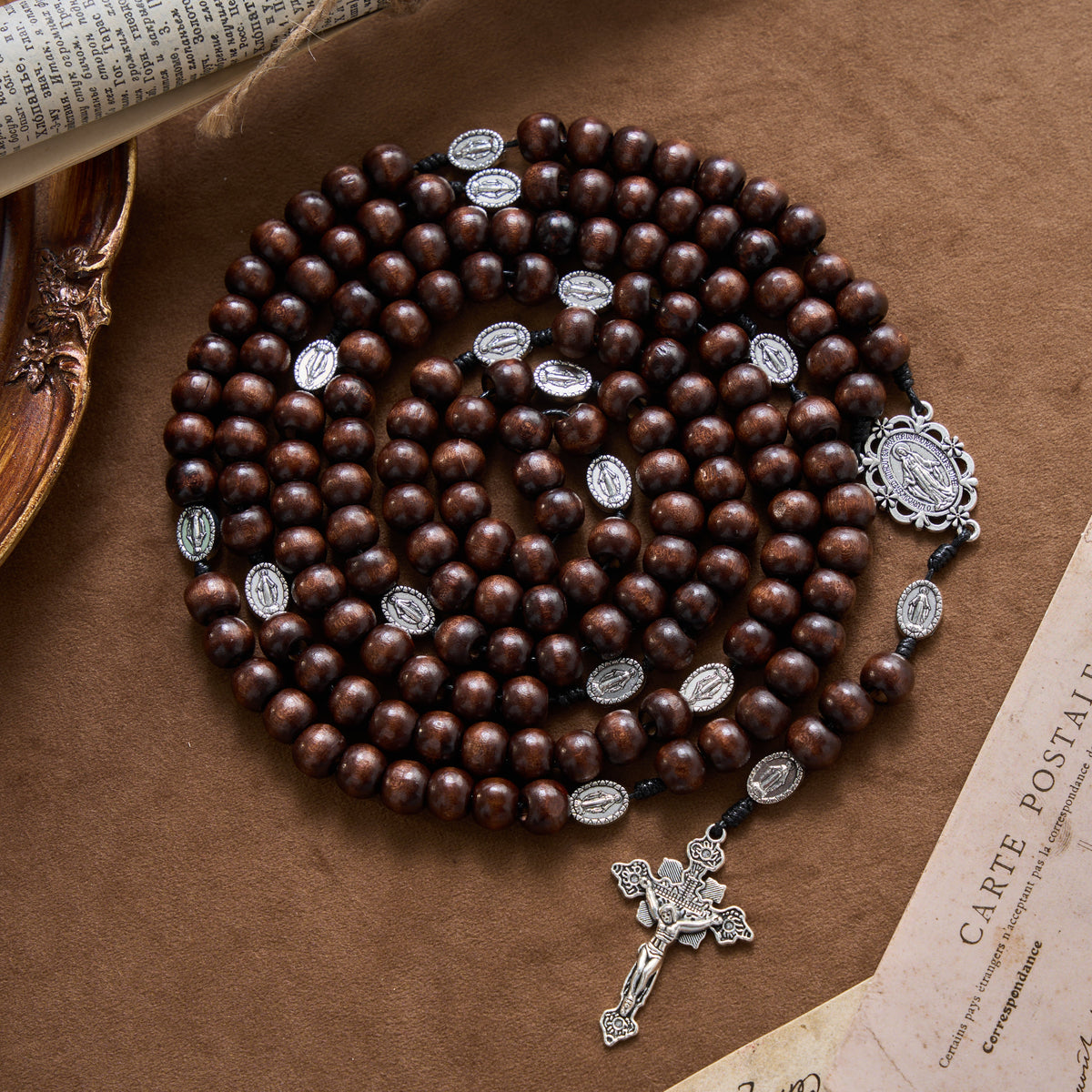5/15/20 Decade Polished Natural Wood Bead Floral Frame Our Lady & Carved Crucifix Rosary