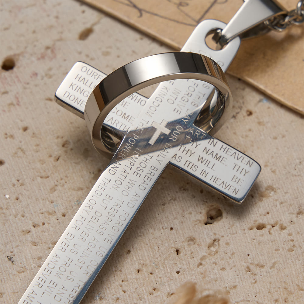 Lord’s Prayer Engraved Cross Pendant Necklace with Spinning Ring