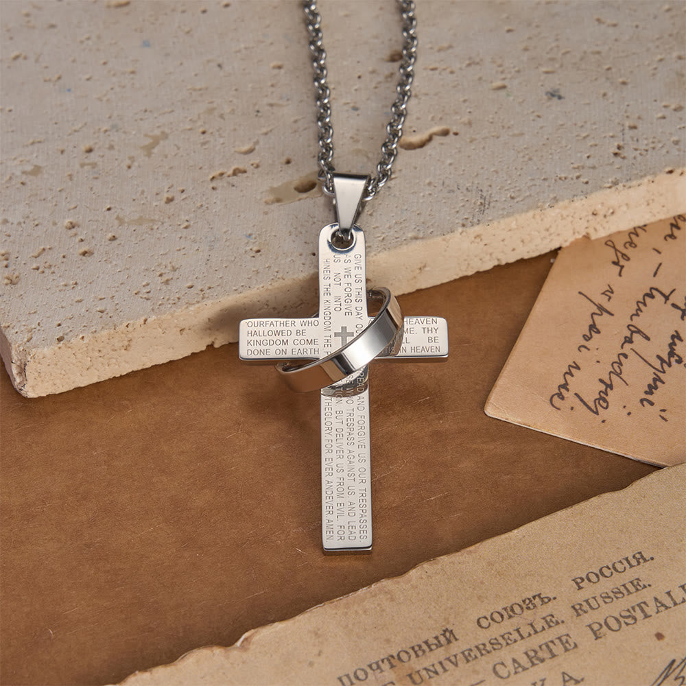 Lord’s Prayer Engraved Cross Pendant Necklace with Spinning Ring