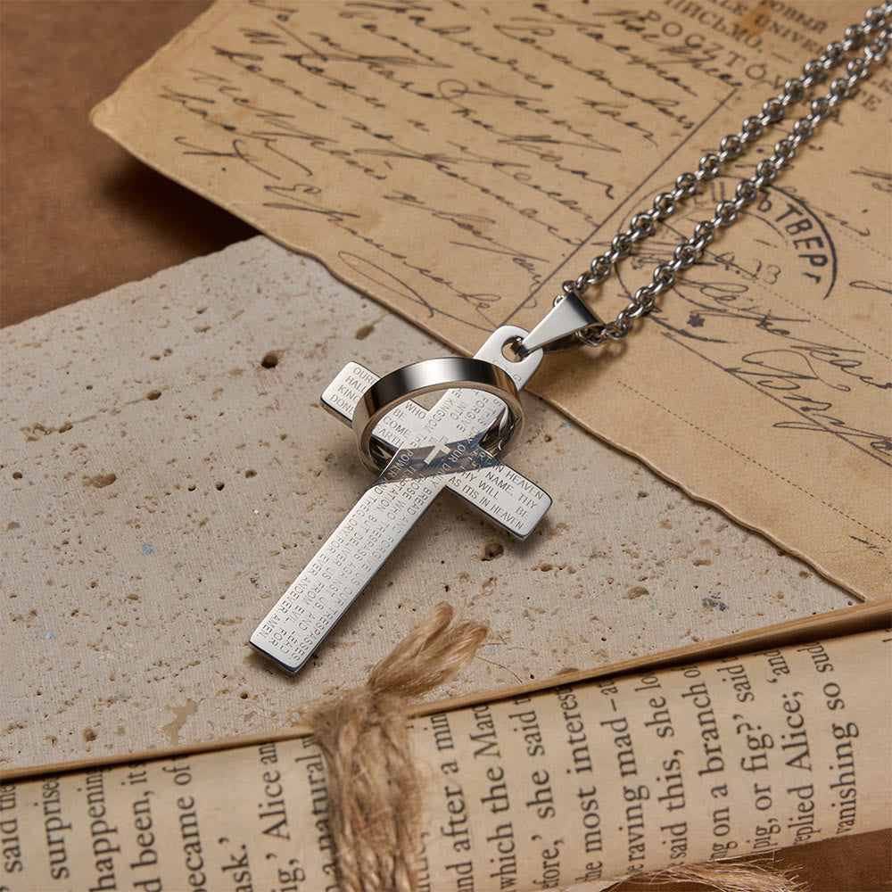 Lord’s Prayer Engraved Cross Pendant Necklace with Spinning Ring