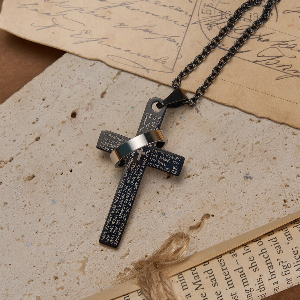 Lord’s Prayer Engraved Cross Pendant Necklace with Spinning Ring