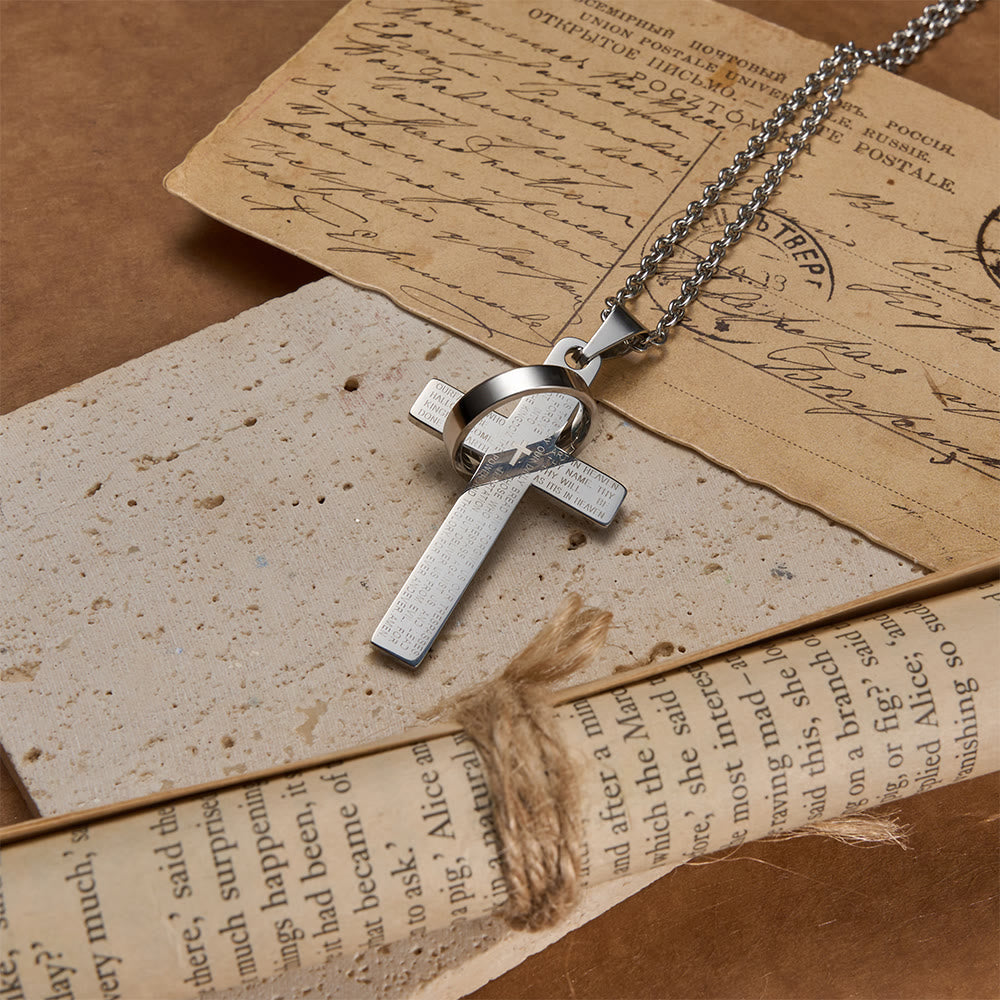 Lord’s Prayer Engraved Cross Pendant Necklace with Spinning Ring