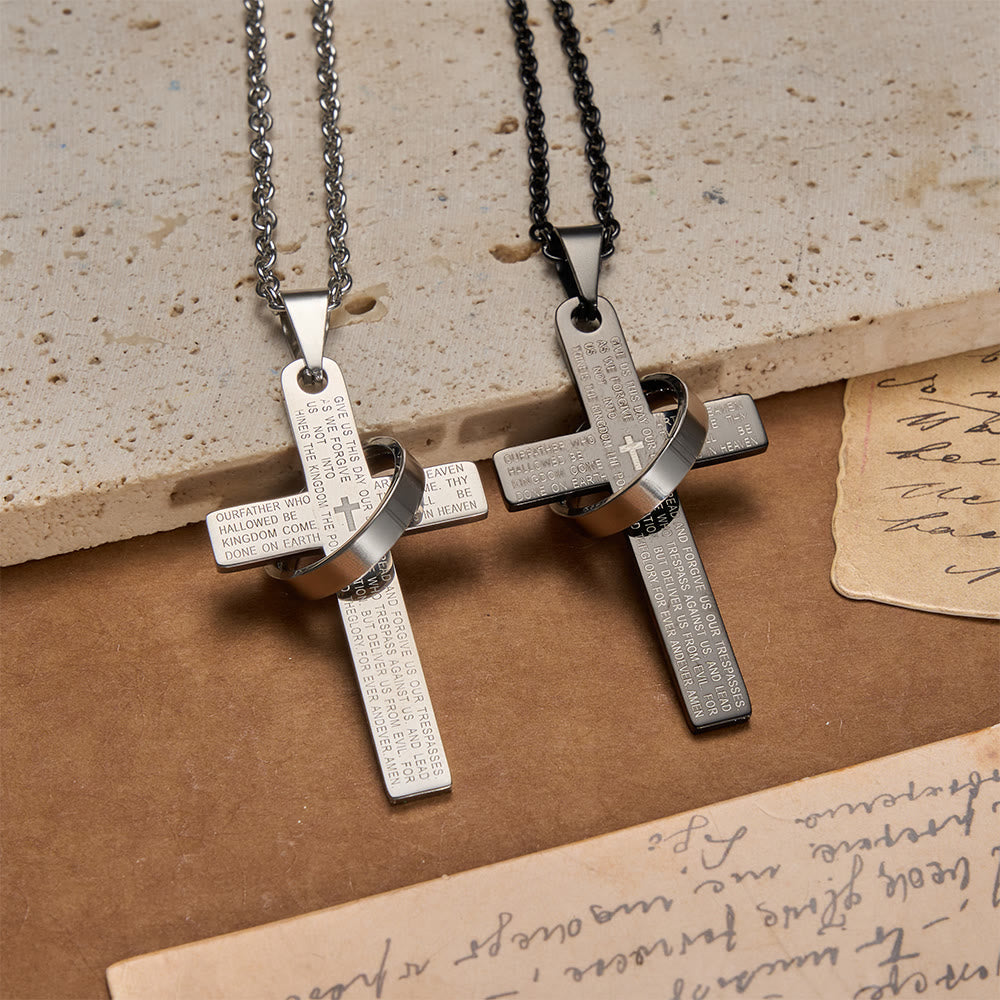 Lord’s Prayer Engraved Cross Pendant Necklace with Spinning Ring