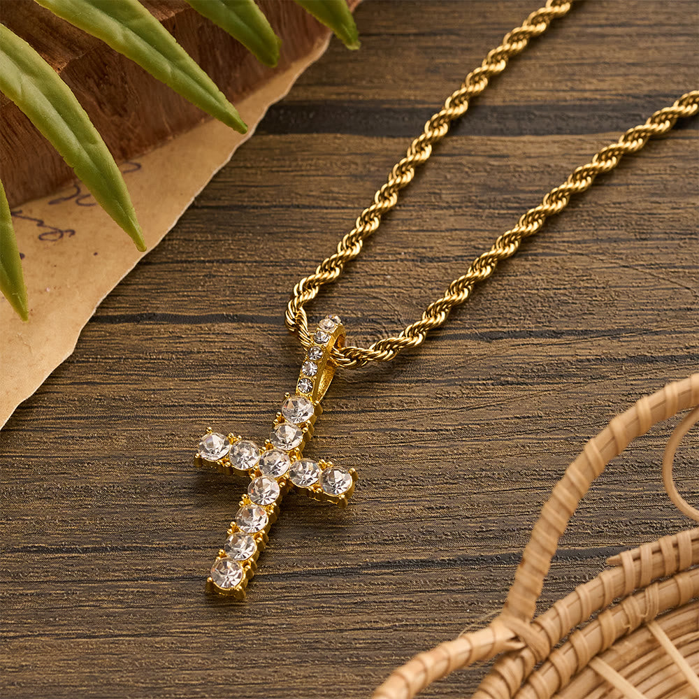 Smooth Twist Chain Full Stone Encrusted Cross Necklace: Timeless Emblem of Gentle Heavenly Guardianship