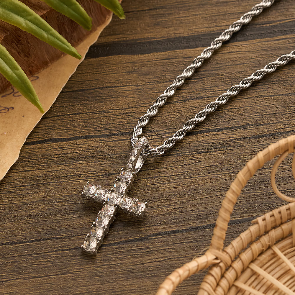 Smooth Twist Chain Full Stone Encrusted Cross Necklace: Timeless Emblem of Gentle Heavenly Guardianship