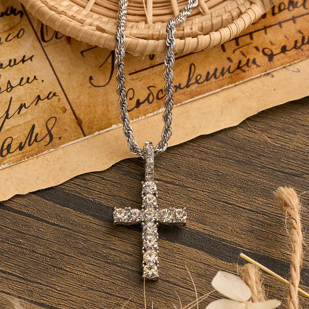 Smooth Twist Chain Full Stone Encrusted Cross Necklace: Timeless Emblem of Gentle Heavenly Guardianship
