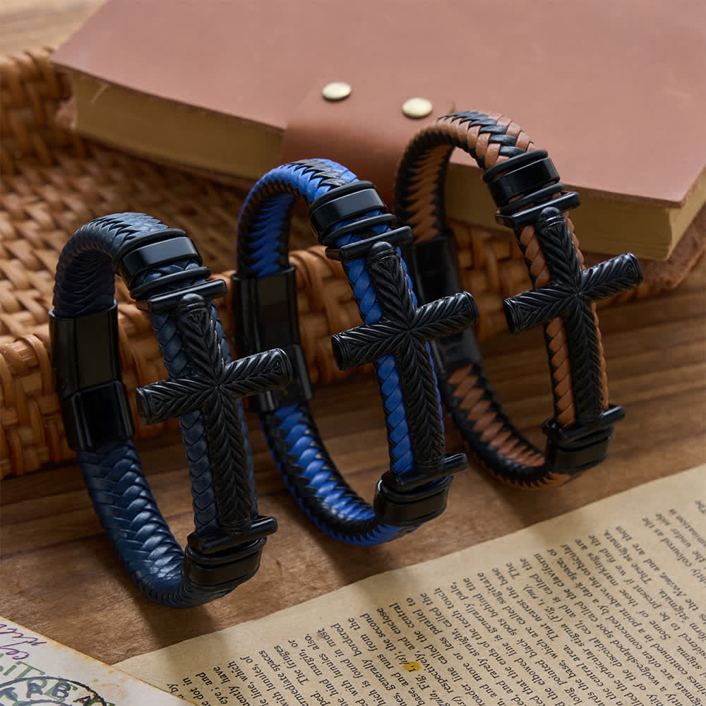 10-Color Braided Leather Cross Bracelet with Embossed Details: A Symbol of Rugged Faith