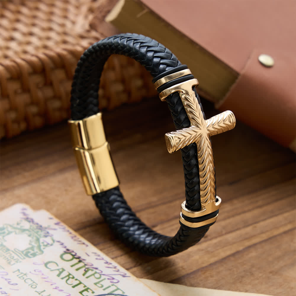 10-Color Braided Leather Cross Bracelet with Embossed Details: A Symbol of Rugged Faith