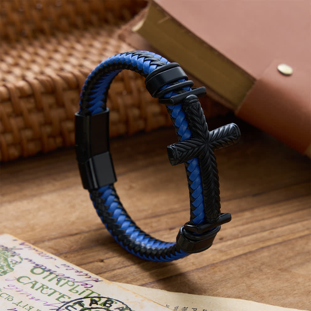 10-Color Braided Leather Cross Bracelet with Embossed Details: A Symbol of Rugged Faith