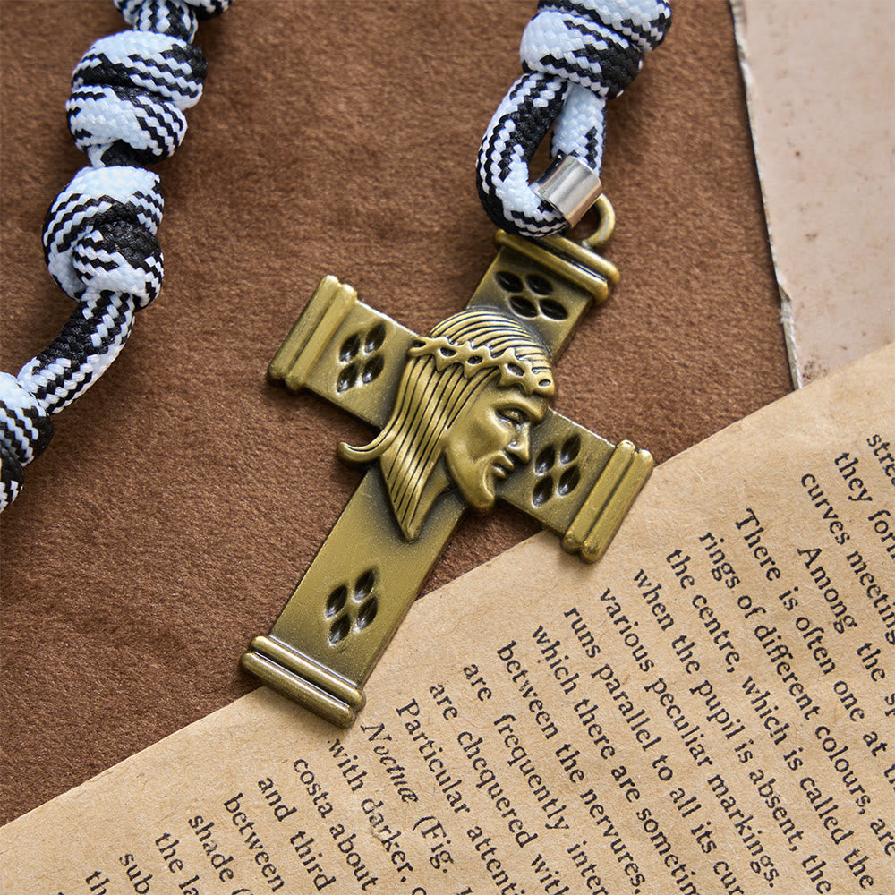 Black & White-Tone Twisted Paracord Knotted Rosary With St.Benedict Plaque & Jesus Cross