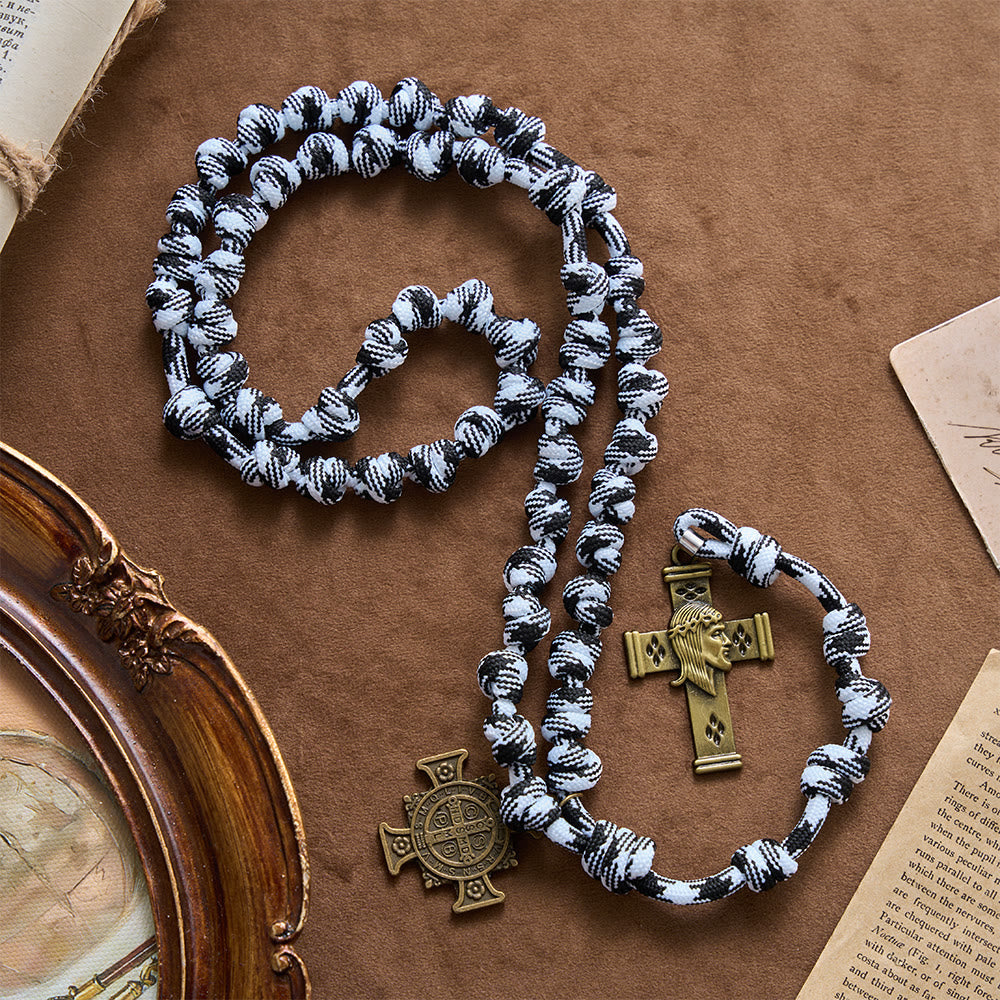 Black & White-Tone Twisted Paracord Knotted Rosary With St.Benedict Plaque & Jesus Cross