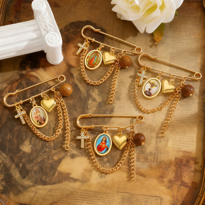 Multi-Dangle Sacred Portrait Safety Pin Convertible Brooch Necklace: Timeless Emblem of Gentle Heavenly Guardianship