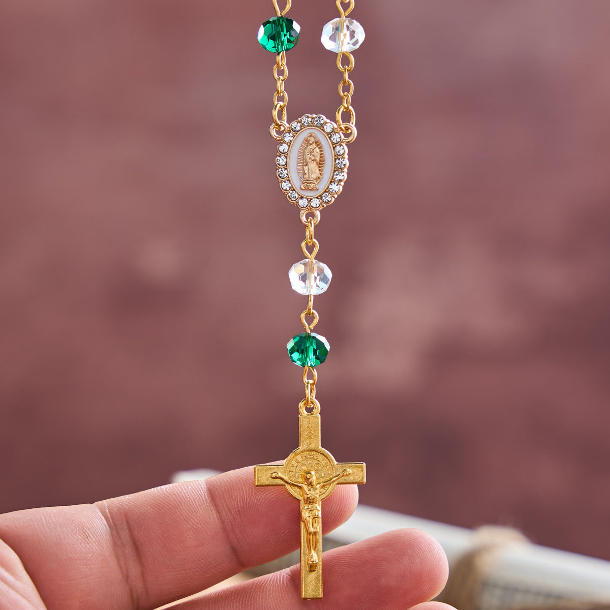 Oval Sacred Portrait Our Lady Multi-Tone Bead Crucifix Car Hanging Pendant: A Reminder of Merciful Divine Protection on Every Trip