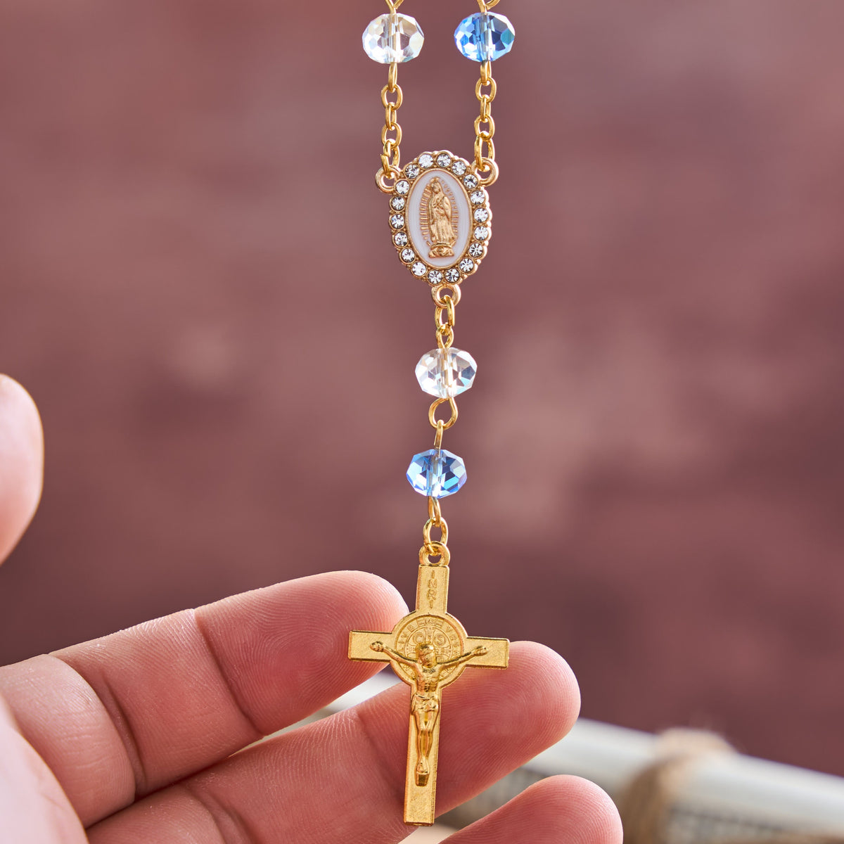 Oval Sacred Portrait Our Lady Multi-Tone Bead Crucifix Car Hanging Pendant: A Reminder of Merciful Divine Protection on Every Trip