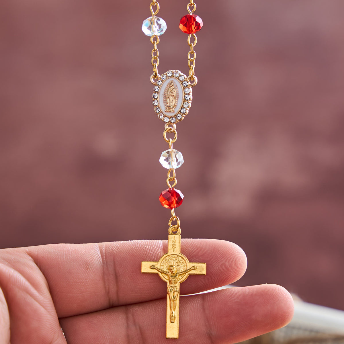 Oval Sacred Portrait Our Lady Multi-Tone Bead Crucifix Car Hanging Pendant: A Reminder of Merciful Divine Protection on Every Trip