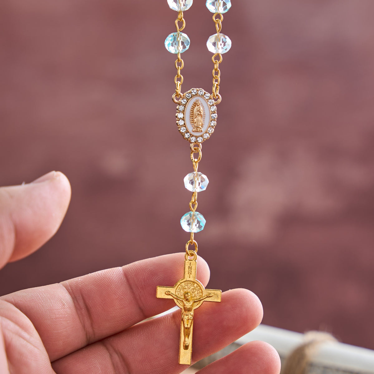 Oval Sacred Portrait Our Lady Multi-Tone Bead Crucifix Car Hanging Pendant: A Reminder of Merciful Divine Protection on Every Trip