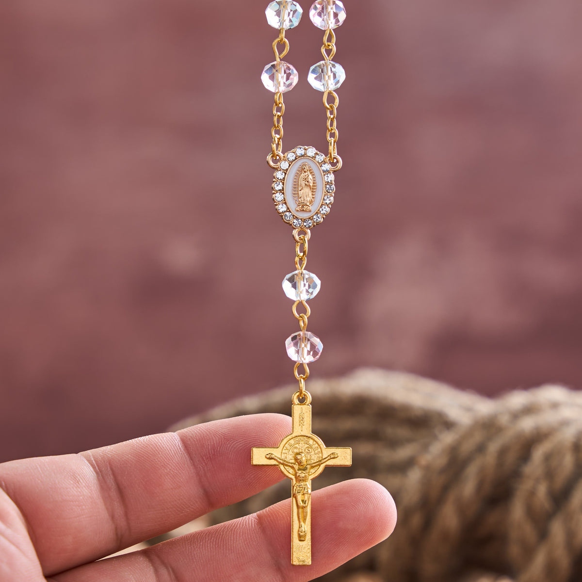Oval Sacred Portrait Our Lady Multi-Tone Bead Crucifix Car Hanging Pendant: A Reminder of Merciful Divine Protection on Every Trip