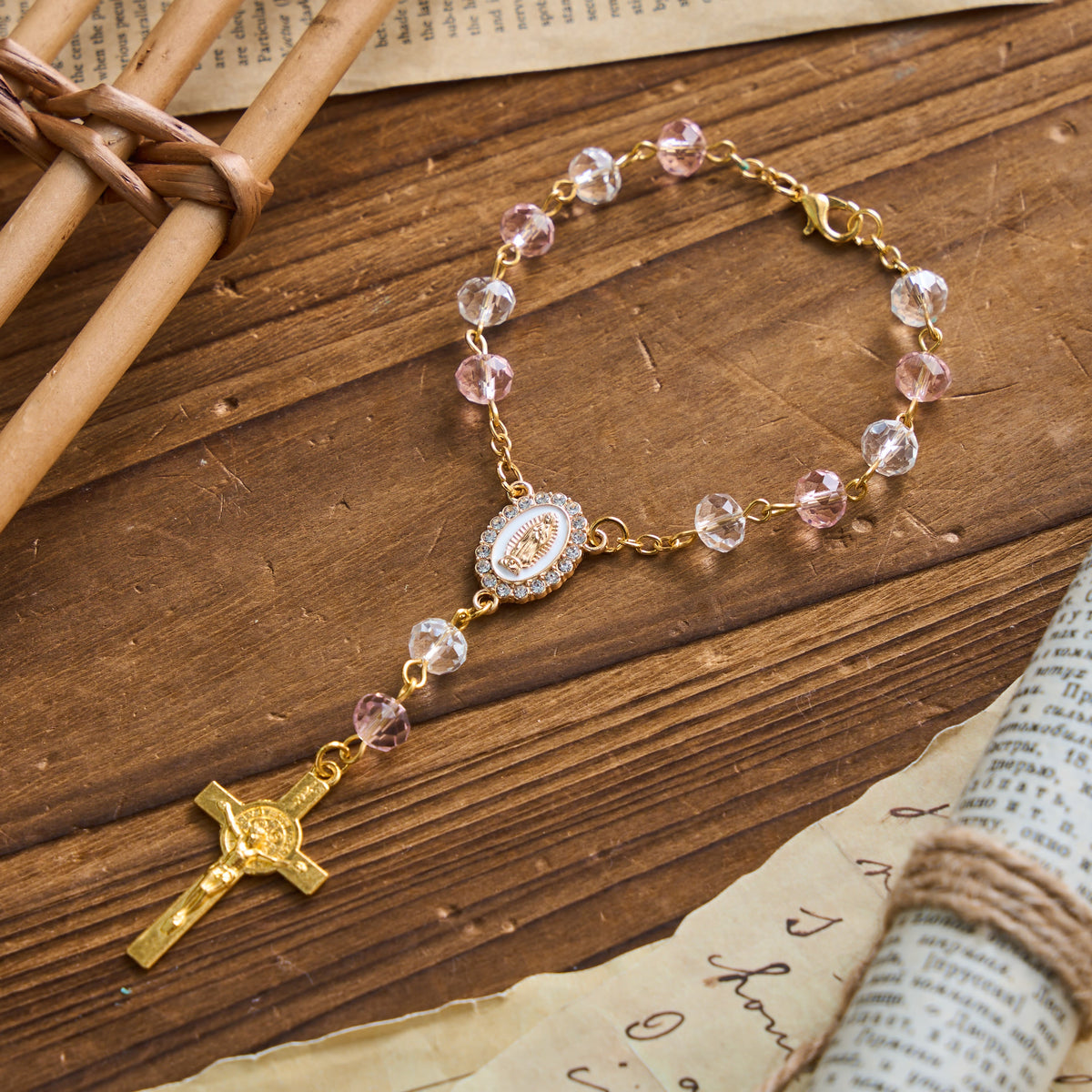 Oval Sacred Portrait Our Lady Multi-Tone Bead Crucifix Car Hanging Pendant: A Reminder of Merciful Divine Protection on Every Trip