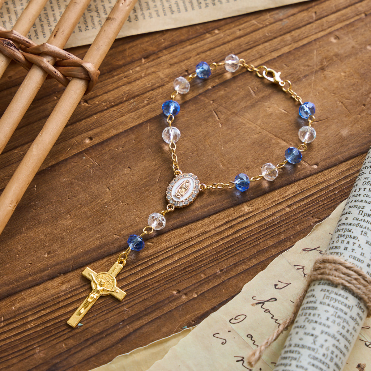 Oval Sacred Portrait Our Lady Multi-Tone Bead Crucifix Car Hanging Pendant: A Reminder of Merciful Divine Protection on Every Trip