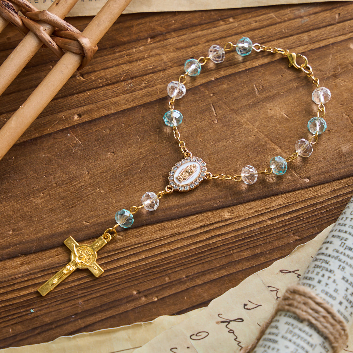 Oval Sacred Portrait Our Lady Multi-Tone Bead Crucifix Car Hanging Pendant: A Reminder of Merciful Divine Protection on Every Trip