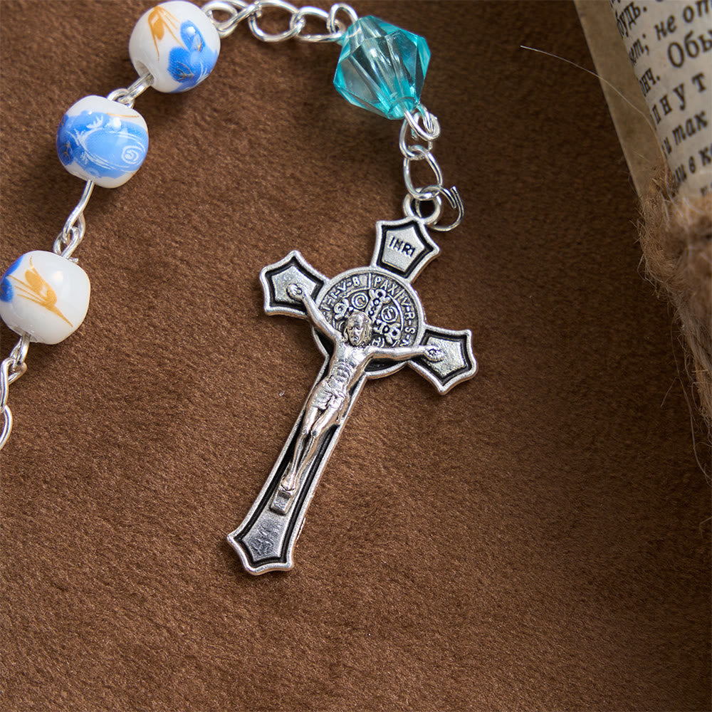 Soft Blue Floral Ceramic Bead Aqua Spacer Our Lady Crucifix Rosary