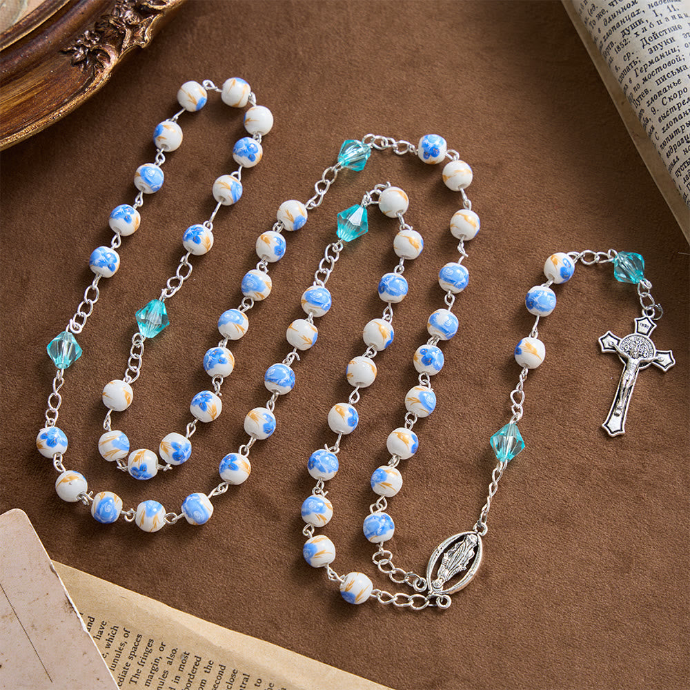 Soft Blue Floral Ceramic Bead Aqua Spacer Our Lady Crucifix Rosary