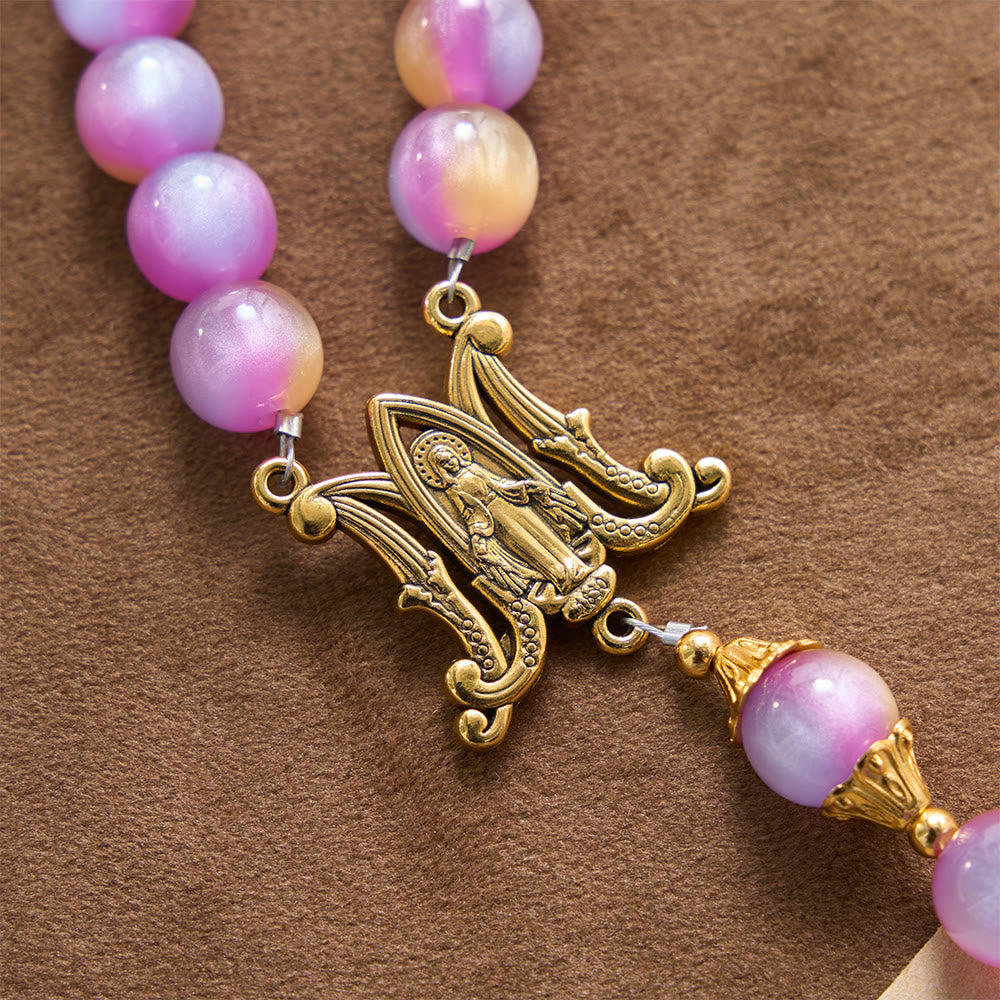 Gradient Iridescent Cat’s Eye Bead Crucifix & Arched Our Lady Prayer Rosary