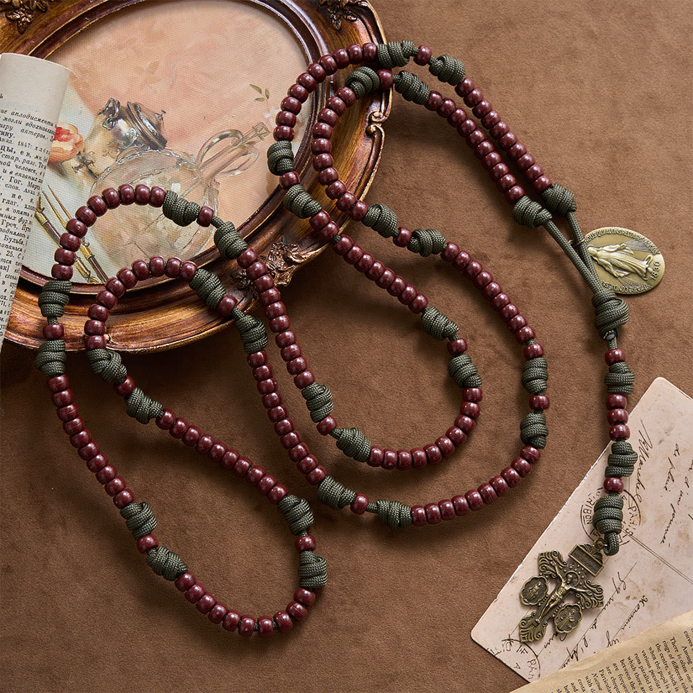 15 Decade Paracord Brown Barrel Bead Miraculous Medal Triple Panel Crucifix Rosary