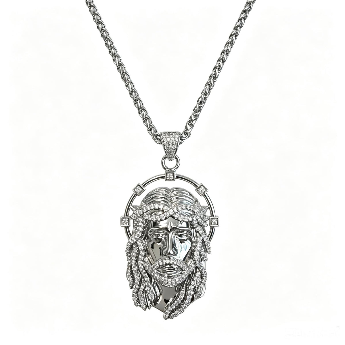 Oval Rhinestone Halo Holy Face Pendant Multiple Style Link Chain Necklace: Timeless Emblem of Gentle Heavenly Guardianship