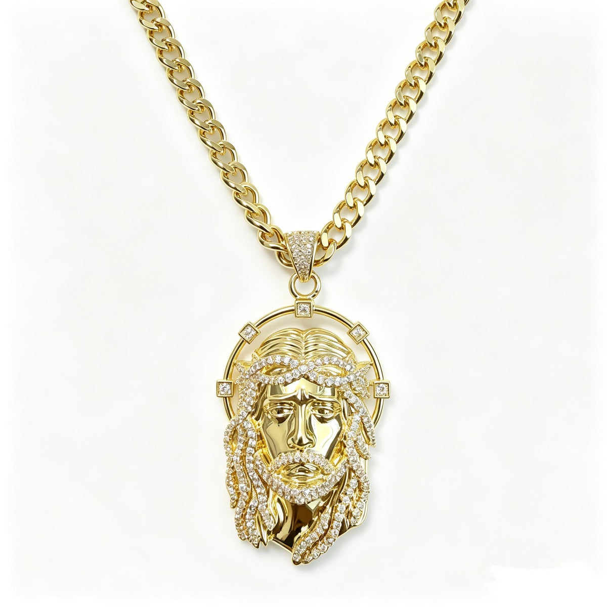 Oval Rhinestone Halo Holy Face Pendant Multiple Style Link Chain Necklace: Timeless Emblem of Gentle Heavenly Guardianship