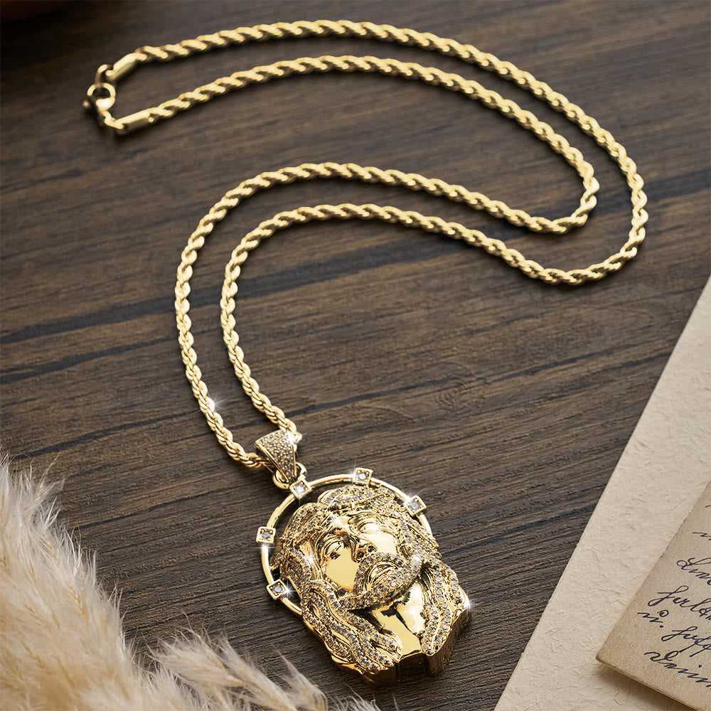 Oval Rhinestone Halo Holy Face Pendant Multiple Style Link Chain Necklace: Timeless Emblem of Gentle Heavenly Guardianship