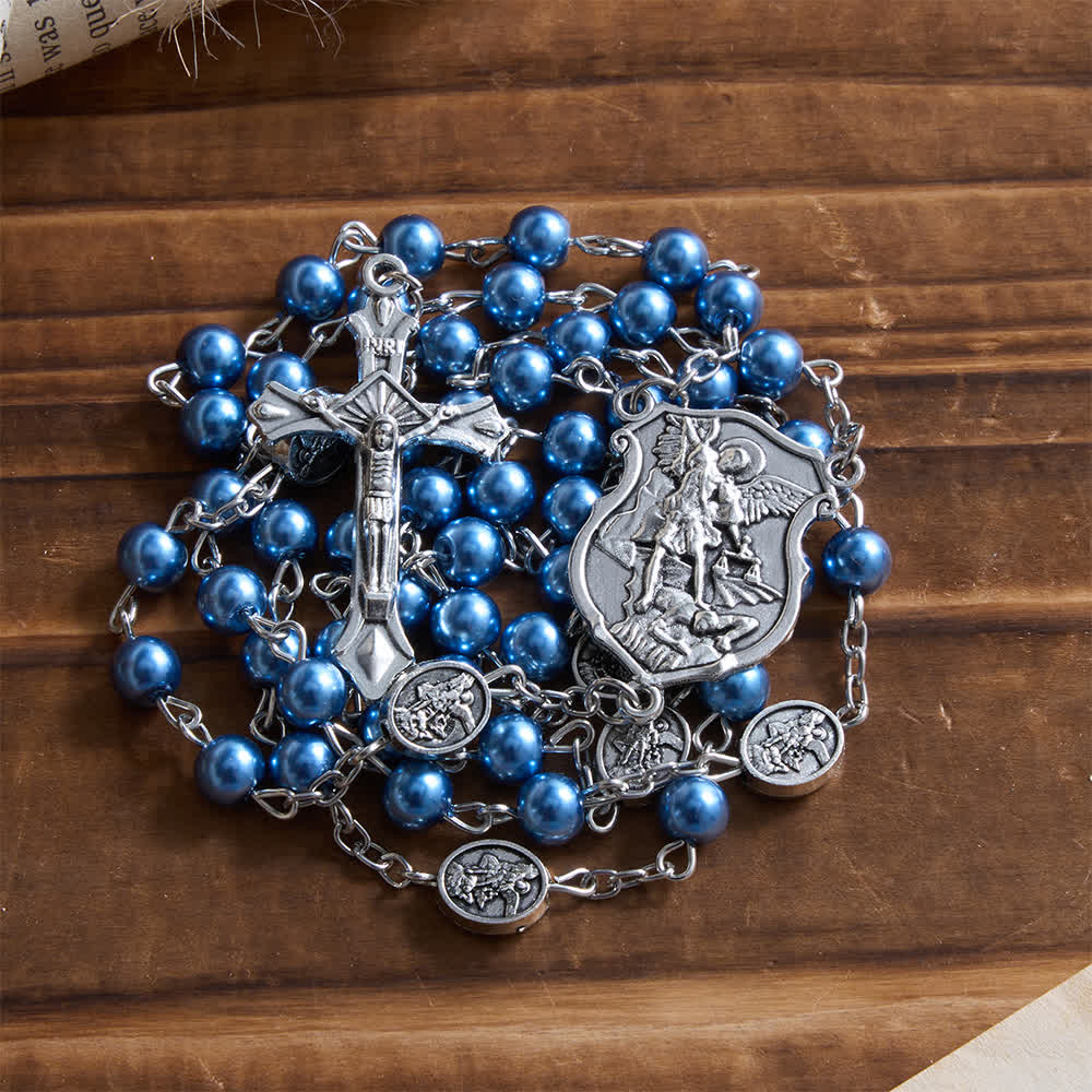 Silver or Blue Rosary with Antique Silver Archangel Medal and Matching Engraved Round Box