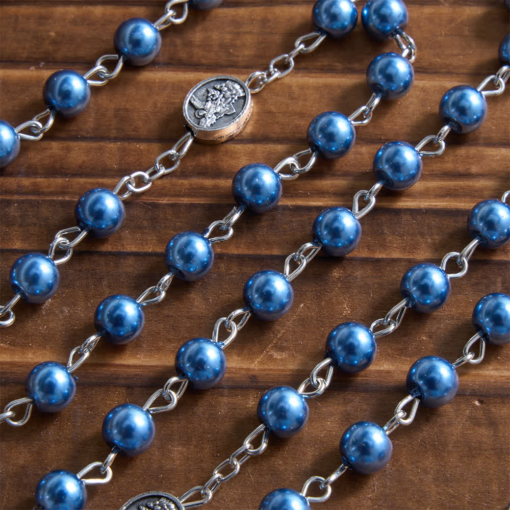 Silver or Blue Rosary with Antique Silver Archangel Medal and Matching Engraved Round Box