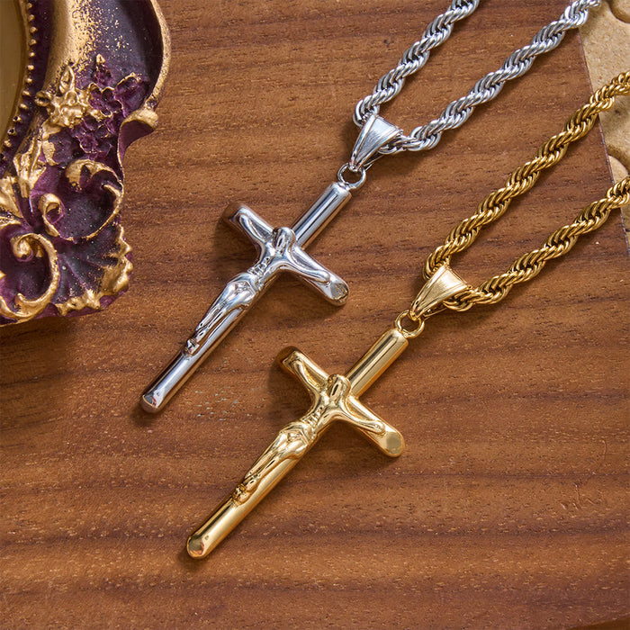 Relief Jesus Crucifix Pendant Twisted Rope Chain Necklace : Timeless Emblem of Gentle Heavenly Guardianship