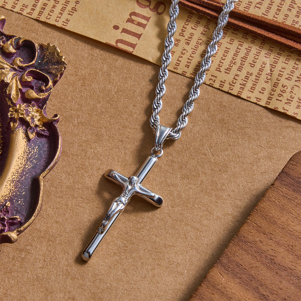 Relief Jesus Crucifix Pendant Twisted Rope Chain Necklace : Timeless Emblem of Gentle Heavenly Guardianship