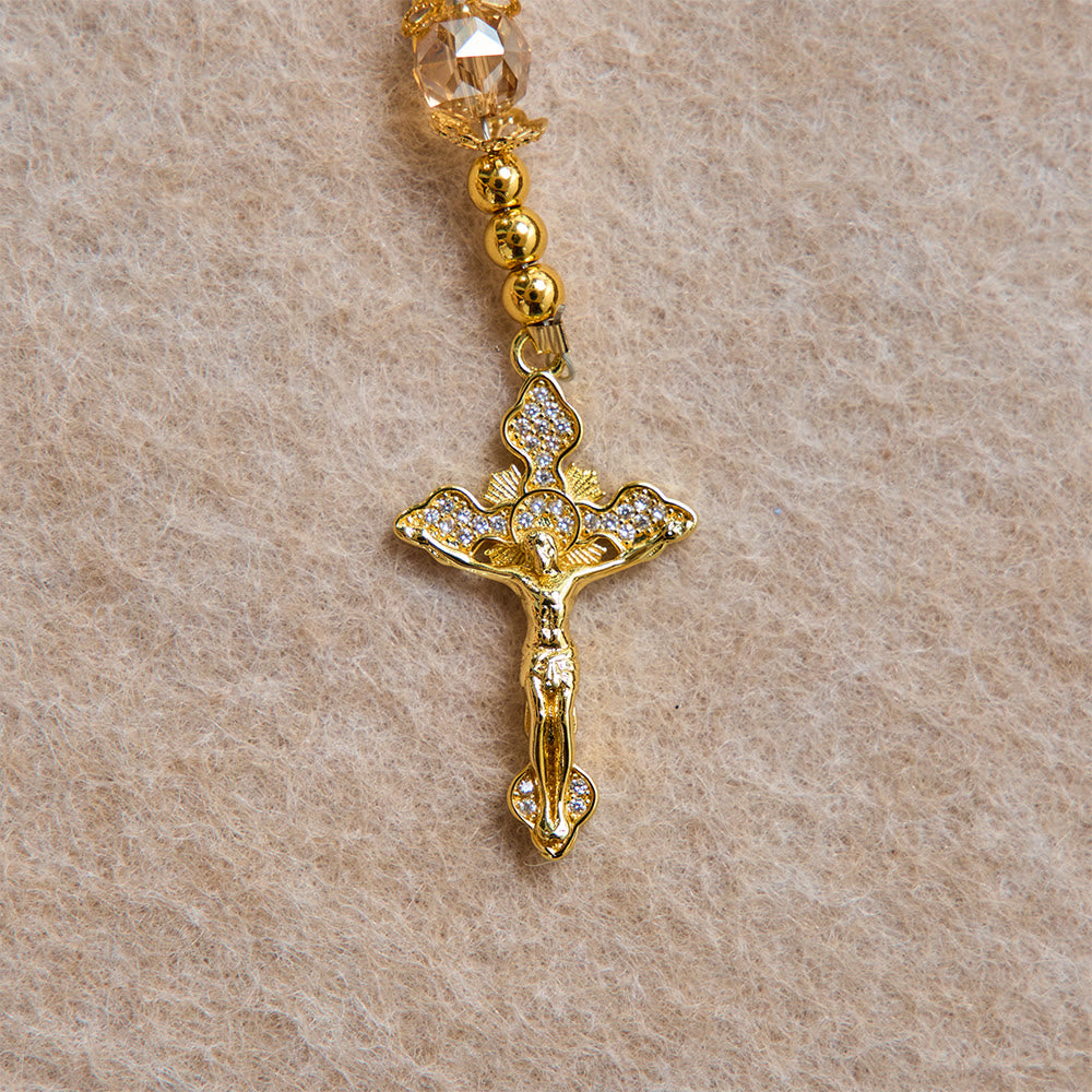 Luxe Champagne-Tone Pocket Rosary With Sacred Heart & Jeweled Crucifix: Dual-Use Prayer & Car Hanging Charm