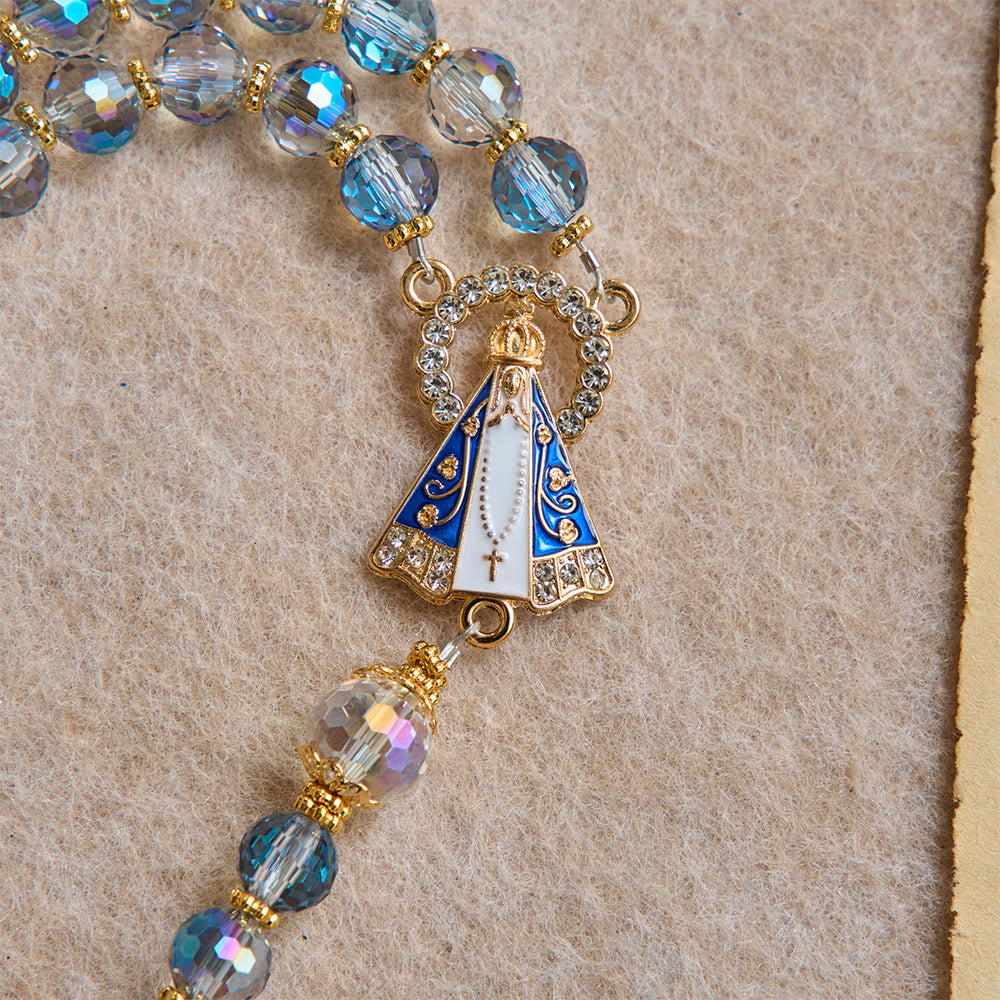Iridescent Blue Beads Rosary With Our Lady of Aparecida & Rhinestone Crucifix: Custom Name Bead Keepsake For Chapel