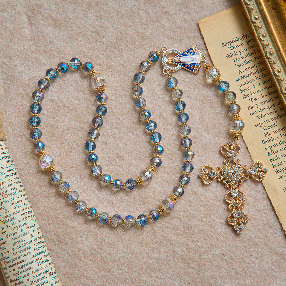 Iridescent Blue Beads Rosary With Our Lady of Aparecida & Rhinestone Crucifix: Custom Name Bead Keepsake For Chapel