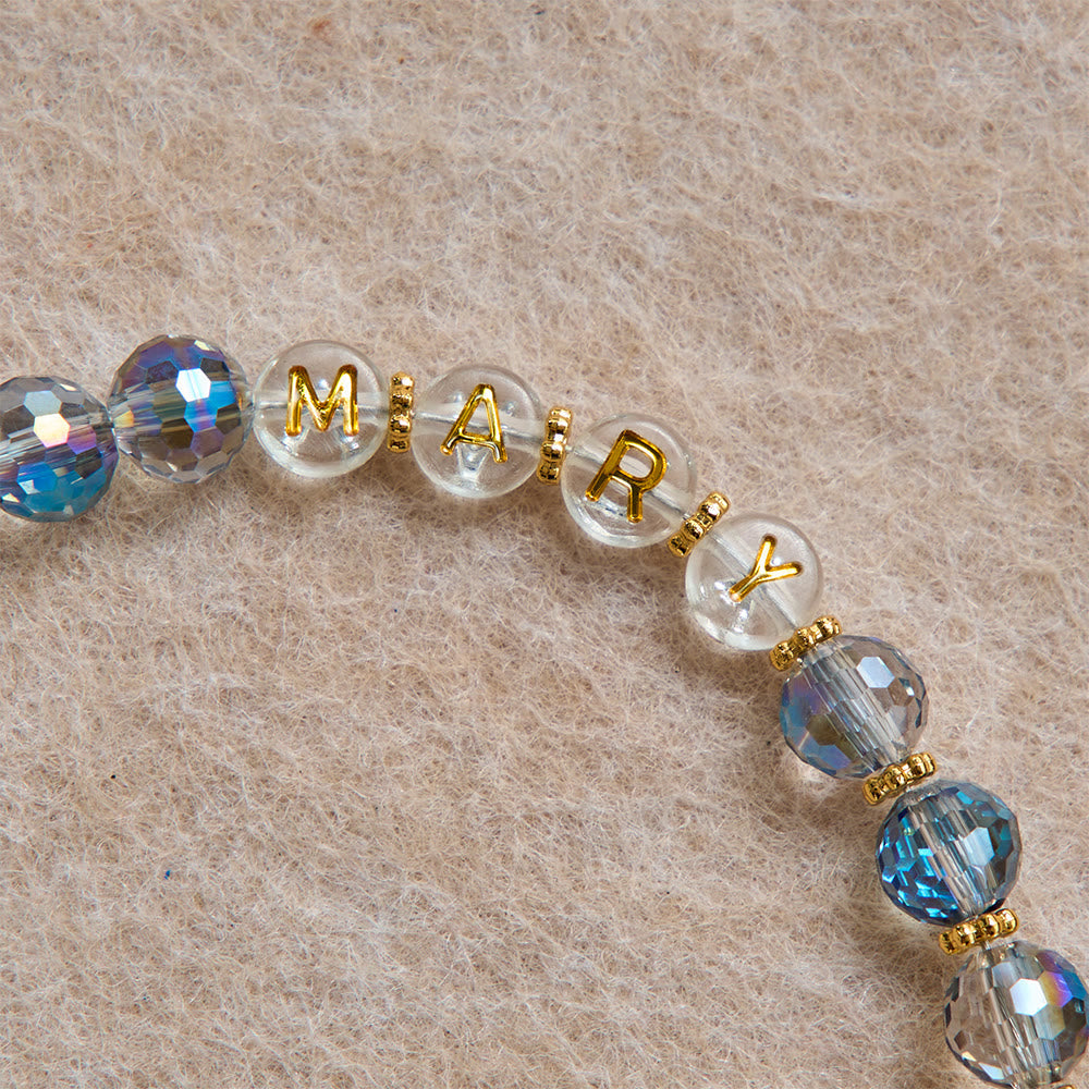 Iridescent Blue Beads Rosary With Our Lady of Aparecida & Rhinestone Crucifix: Custom Name Bead Keepsake For Chapel